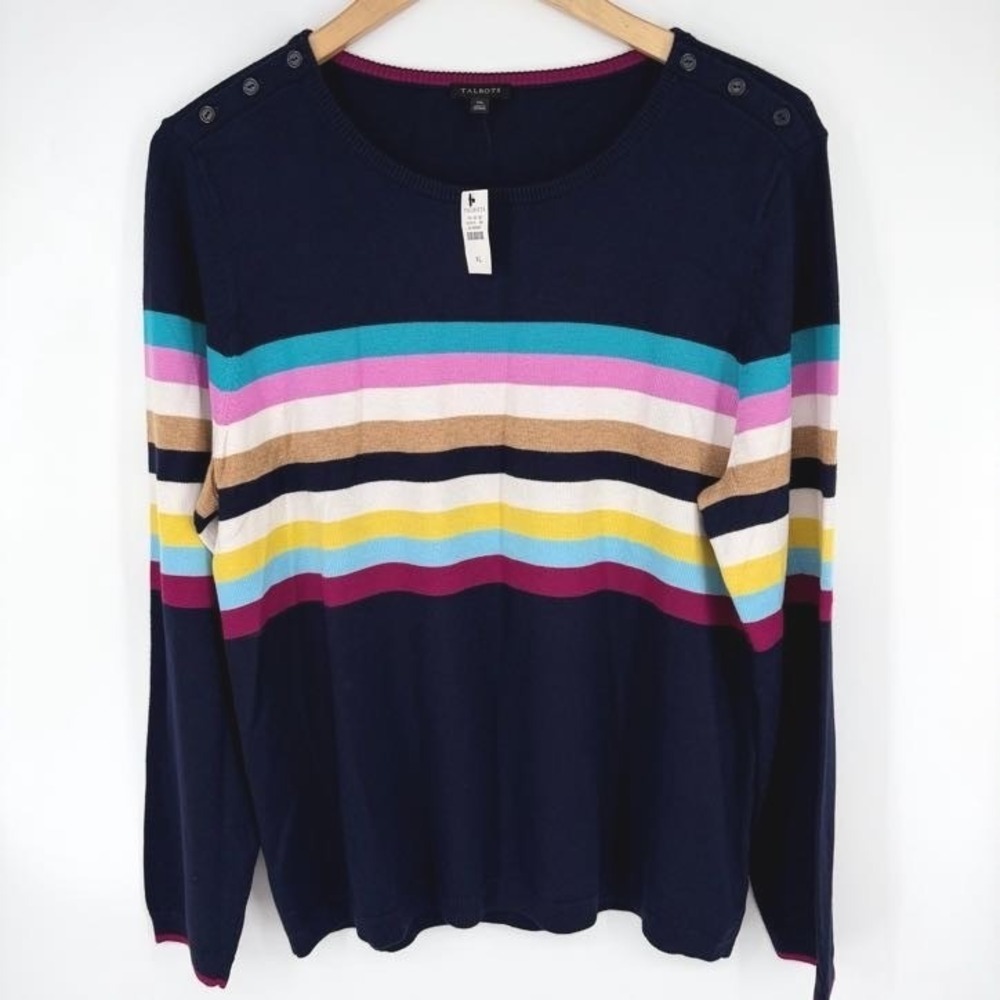 NEW Talbots Button Shoulder Sweater XL Navy Blue Striped Pullover Fall Preppy
